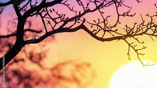 Serene Silhouette of Tree Branches Against Vibrant Sunset Sky Creates Calming and Colorful Scene