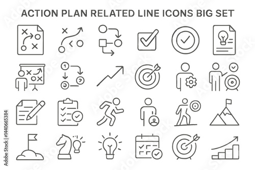 Variety of action plan related icons depicting strategies, goals, and achievements in minimalistic design