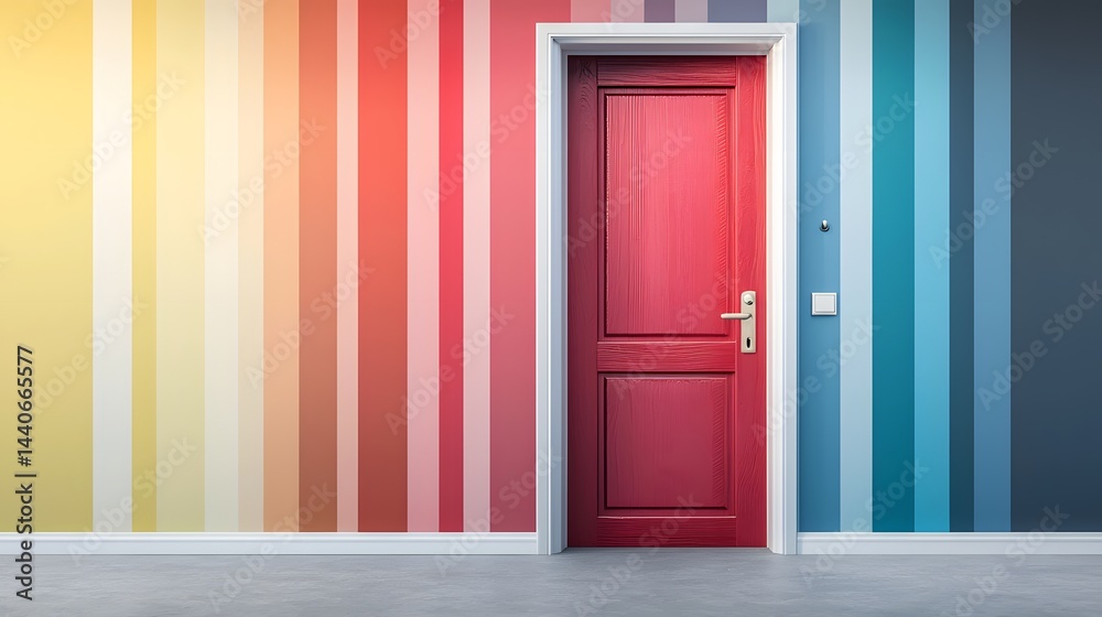 Fototapeta premium Colorful Striped Wall With A Bold Red Door in a Modern Interior Design Setting