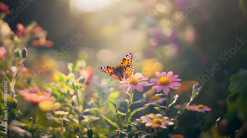 Butterfly resting on wildflowers in a sunlit meadow