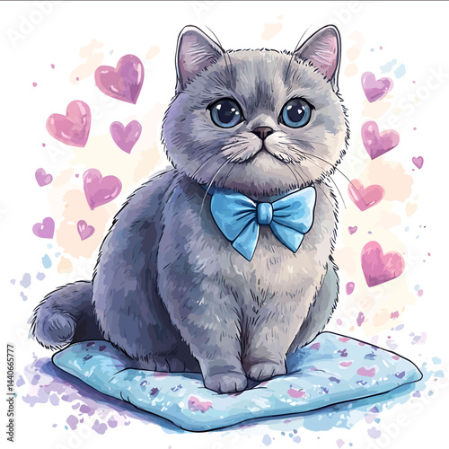 Vector illustration of British shorthair cat in cartoon childrens style caricature made in watercolor technique with pastel colors The cat is depicted sitting on a soft mat with hear