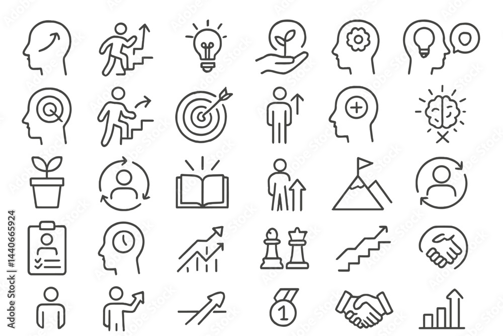 Creative icons representing growth, learning, and achievement in personal and professional development Creative icons representing growth, learning, and achievement in personal and professional development