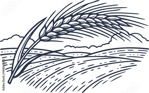 wheat field illustration with golden ears and rolling hills background
