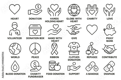 Various symbols representing charity, donations, and volunteer efforts for global causes and community support in vector style