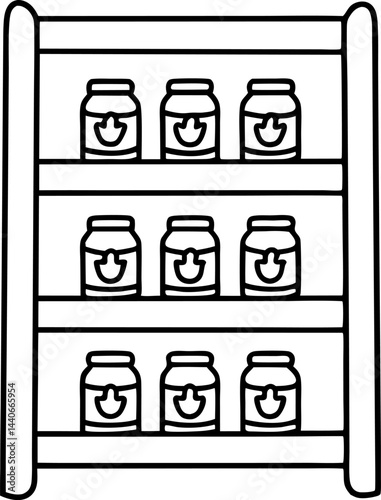 line art of pantry shelf with jarred goods, symmetrical arrangement, and minimalist design