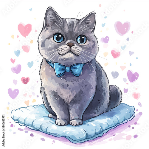 Vector illustration of British shorthair cat in cartoon childrens style caricature made in watercolor technique with pastel colors The cat is depicted sitting on a soft mat with hear
