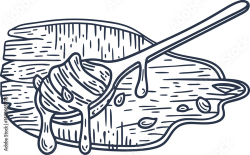 Detailed honey dripping from spoon on wooden cutting board illustration
