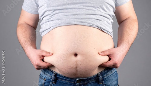 Mans belly getting pinched, highlighting body fat. Useful for fitness, weight loss, nutrition, health, body positivity themes in design.