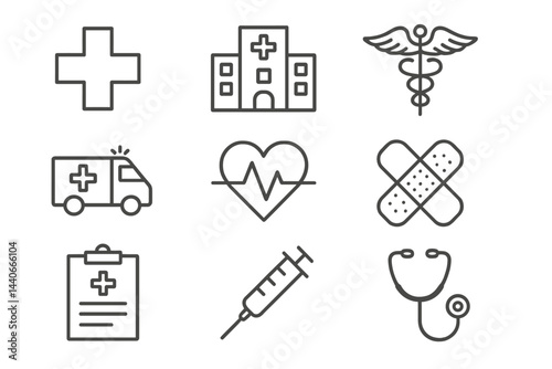 Medical icons representing healthcare symbols and services in a simplified design suitable for various applications