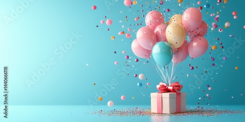 Colorful balloons and gift box create a festive celebration backdrop in a vibrant setting