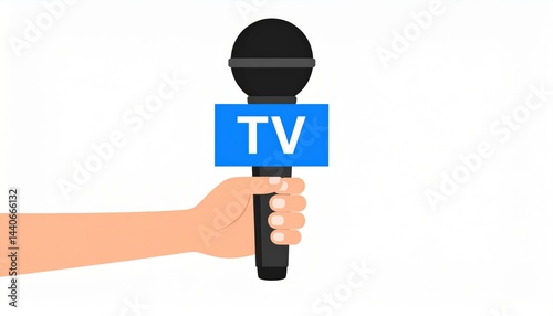 Hand holding a microphone with a TV sign, suitable for news broadcasting, journalism, TV production, interviews, and entertainment events.