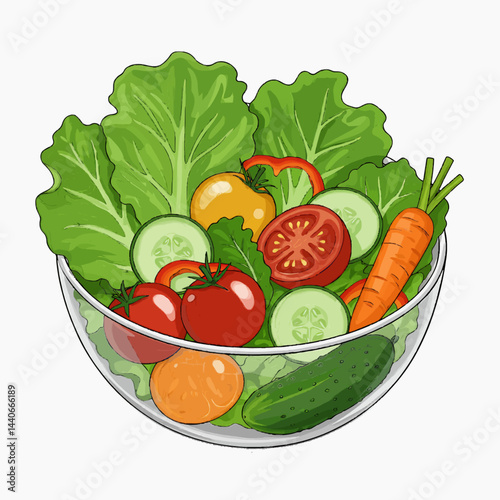 A vibrant vector salad bowl with lettuce, cherry tomatoes, cucumbers, and carrots, set on a clean white background.