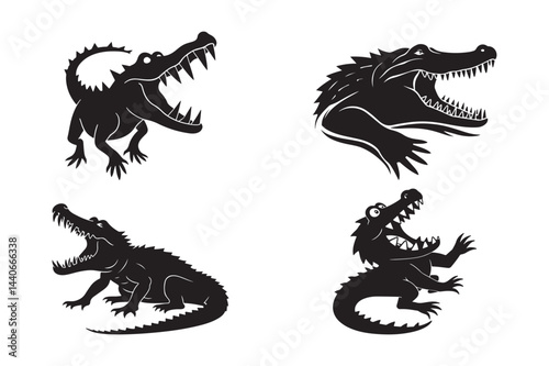 Crocodile Silhouette Vector Set Aggressive Alligator Logo and Cartoon Reptile Art