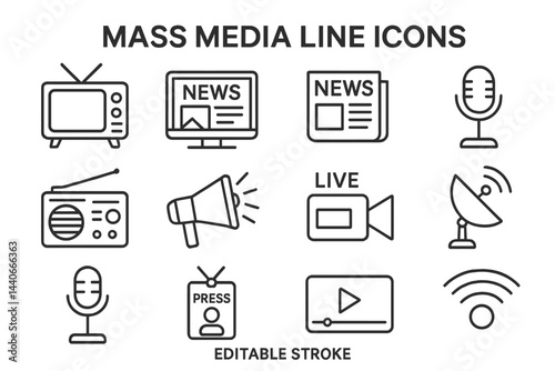 Collection of mass media line icons showcasing various forms of communication and broadcasting equipment