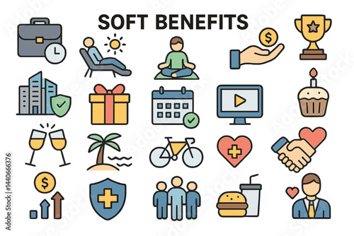 Soft benefits infographic illustrating various personal and professional wellbeing concepts in a clean design