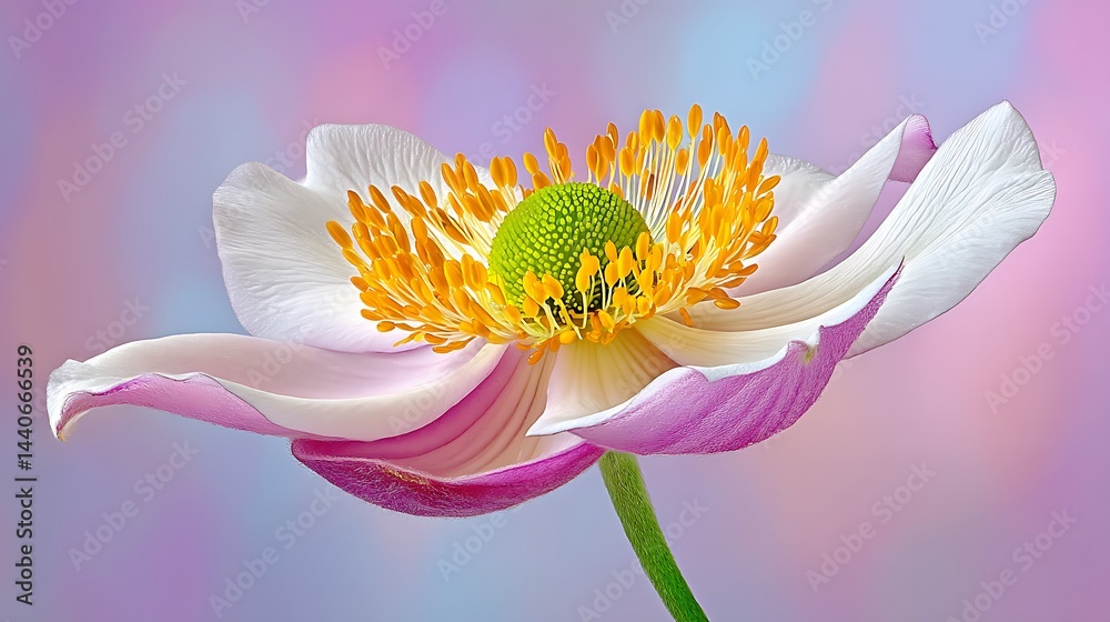 Delicate pink and white anemone flower with golden stamen, against a blurred bokeh backdrop Delicate pink and white anemone flower with golden stamen, against a blurred bokeh backdrop