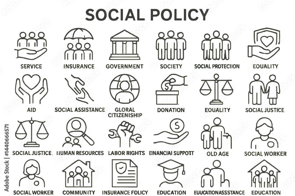 Exploring core concepts of social policy through diverse icons illustrating key values and services in contemporary society Exploring core concepts of social policy through diverse icons illustrating key values and services in contemporary society