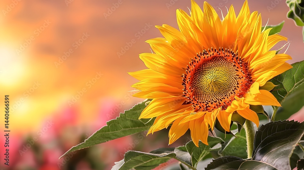 Fototapeta premium Vibrant Sunflower in Full Bloom Against a Stunning Sunset Background in a Flourishing Garden