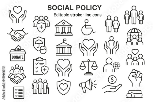 Collection of line icons representing social policy topics, community support, and civic engagement initiatives