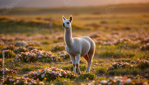 Graceful llama standing in blooming flower meadow at sunset with peaceful golden countryside backdrop