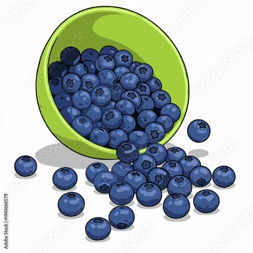 A playful vector illustration of a bowl of blueberries spilling onto a white surface.