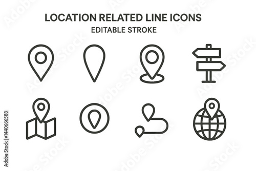 Collection of location related icons in line art style for navigation and mapping purposes