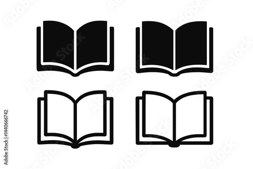 Variations of open books in simple black and white design showcasing diverse styles and layouts for artistic inspiration