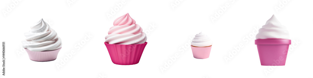 Set of Minimalist 3D Cupcake with Frosting Swirl, Isolated on White or transparent background