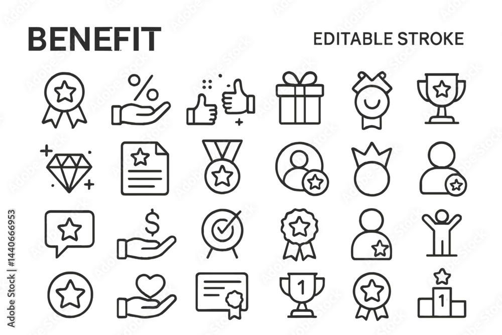 Icons representing various benefits and achievements suitable for different contexts and applications Icons representing various benefits and achievements suitable for different contexts and applications
