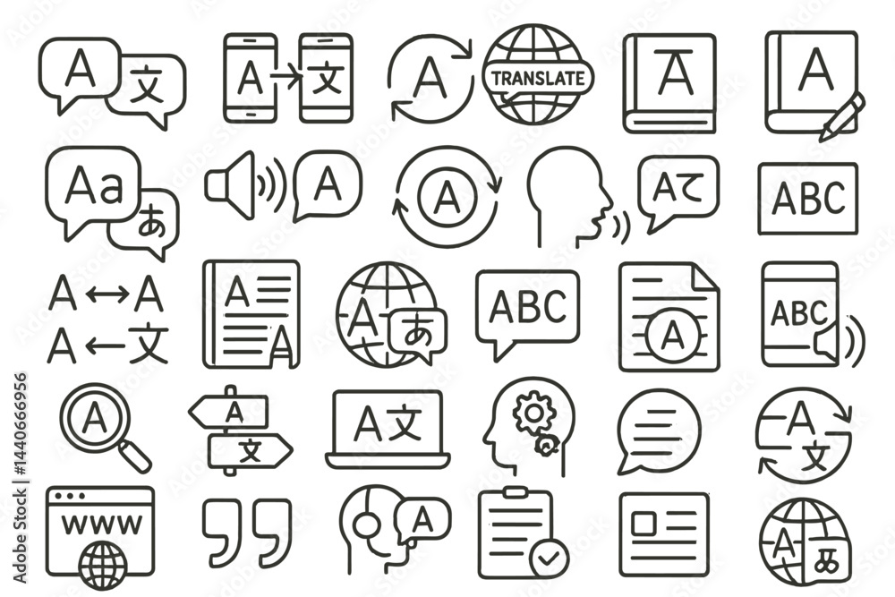 Various icons representing translation, language learning, and communication tools in a modern design