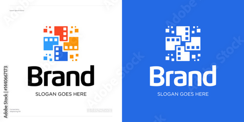 Digital film maker with interlock colorful style logo icon design vector, Symbol square pixel with clip sign for cinema productions usable for content creator photography and identity business