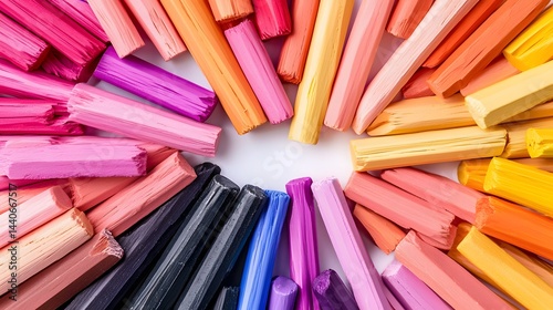 Colorful Arrangement of Pastel Art Supplies in Circular Composition on White Background