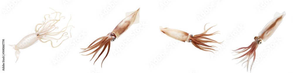 Set of Realistic Squid with Tentacles Spread Naturally, on White or transparent background