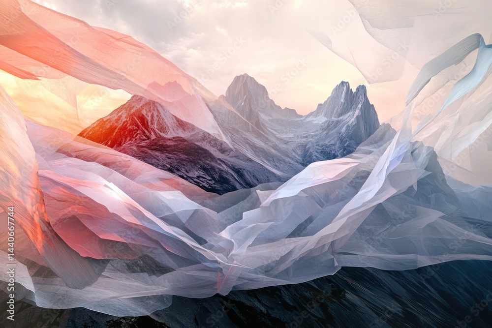 Obraz premium A visually complex and hyper-detailed image showcasing a mountain range with intricate textural details, enveloped in a surreal, modern-art-inspired arrangement