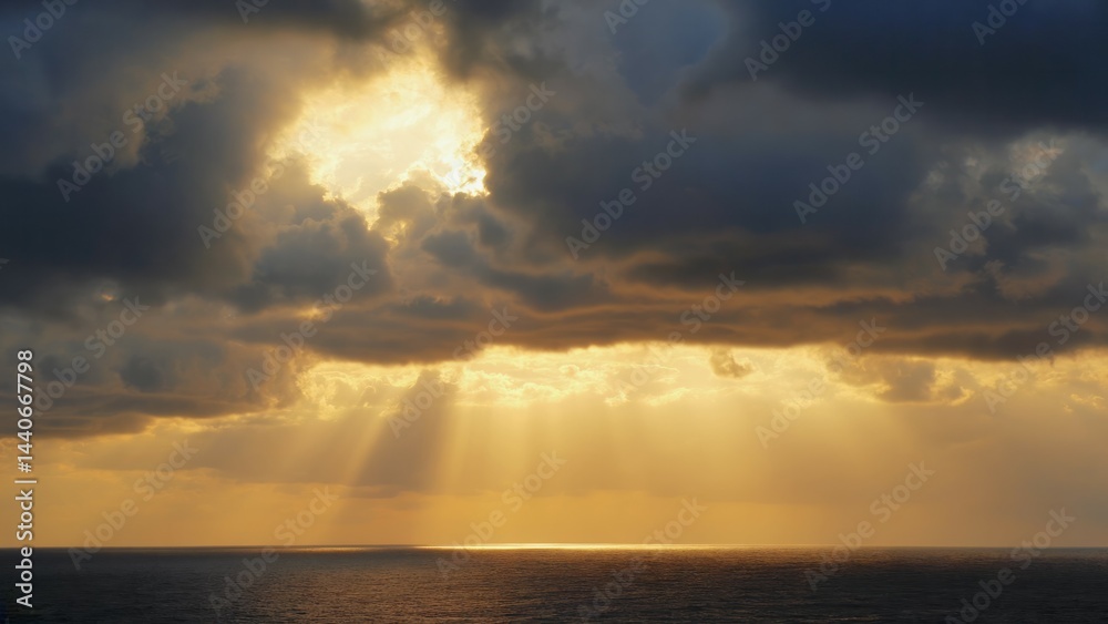 Streaks of golden sunlight breaking through storm clouds over sea Dramatic lig
