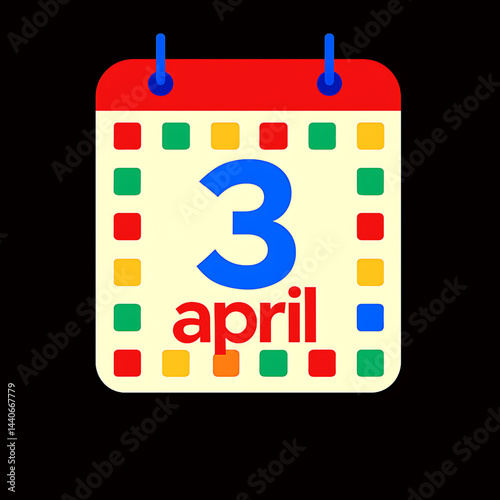 A bright, vibrant calendar with colorful date blocks (such as red or blue) and a prominent, easy-to-read date 3 April month