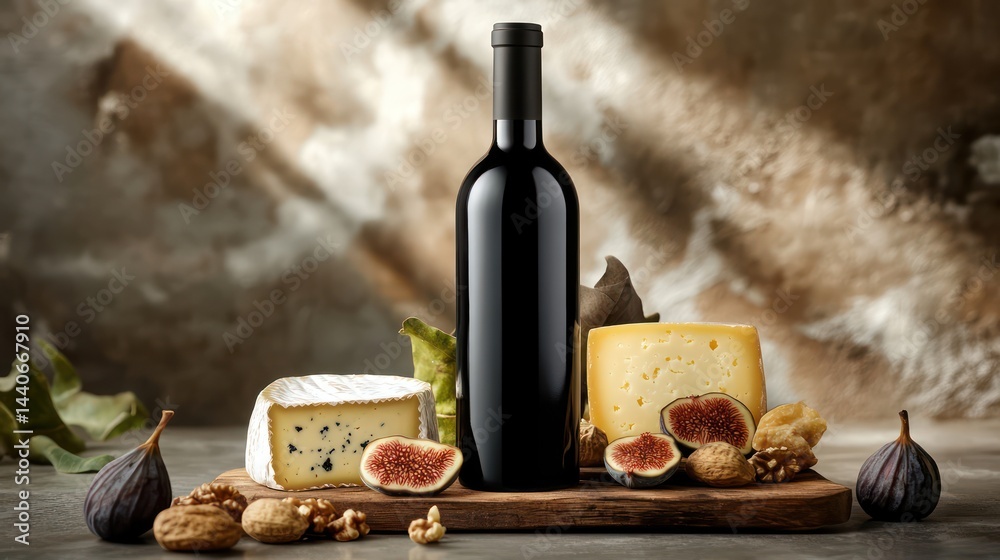 Naklejka premium A visually striking wine and cheese set, styled for premium product branding. A minimalistic bottle design is complemented by a