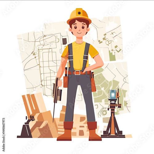 Vector illustration of a young surveyor standing on the background of maps The surveyor looks confident and professional with tools in his hands such as theodolite or GPS device On t