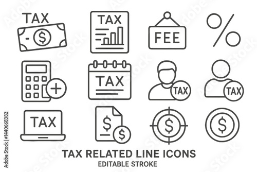 Collection of tax related icons featuring calculations, documents, and fees suitable for financial applications