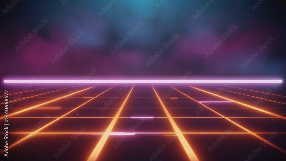 Neon grid stretching infinitely into dark purple horizon Retro futuristic feel