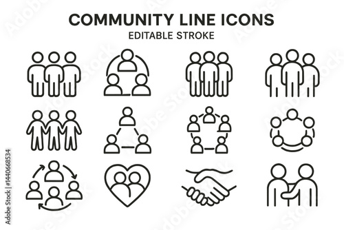 Community line icons for representing social interactions and connections in various settings