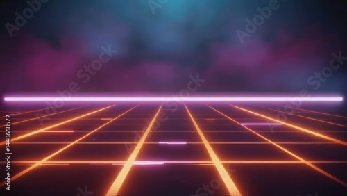 Obraz na płótnie Neon grid stretching infinitely into dark purple horizon Retro futuristic feel w salonie