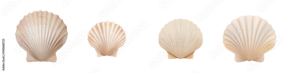 Set of Scallop Shell with Soft Beige Tones, Front View on White or transparent background