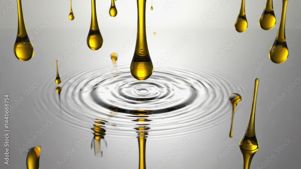 Liquid gold drop forming ripple pattern on mirror surface Luxury visual, circu