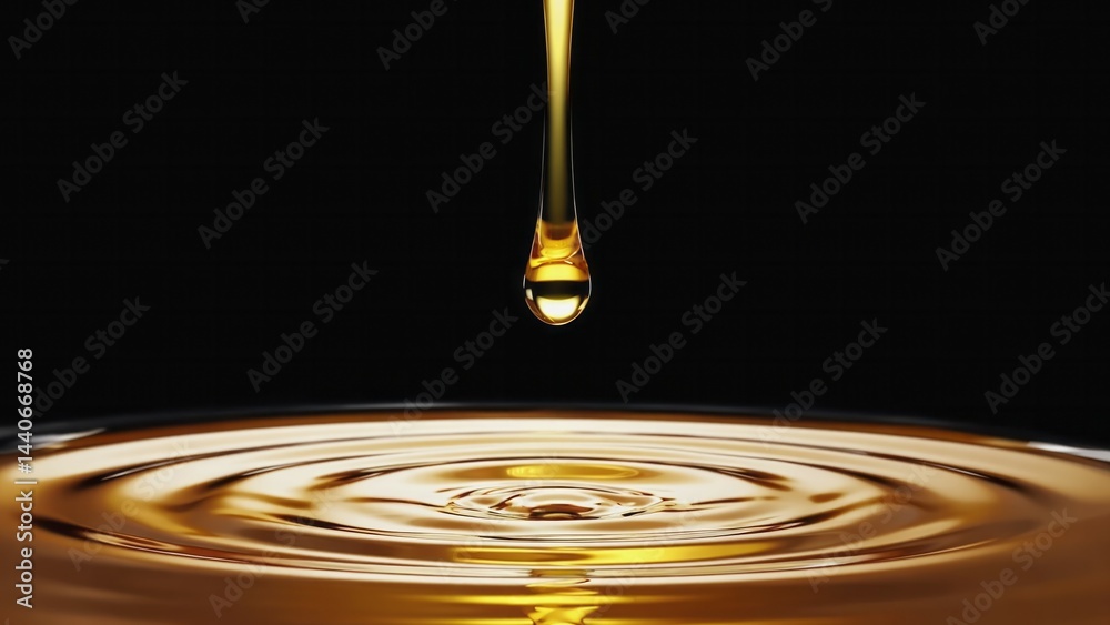 Liquid gold drop forming ripple pattern on mirror surface Luxury visual, circu