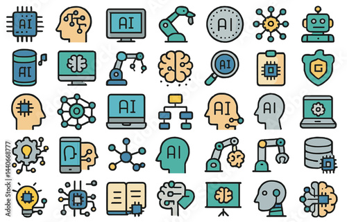 Diverse icons representing artificial intelligence concepts and technology in a vibrant and engaging manner