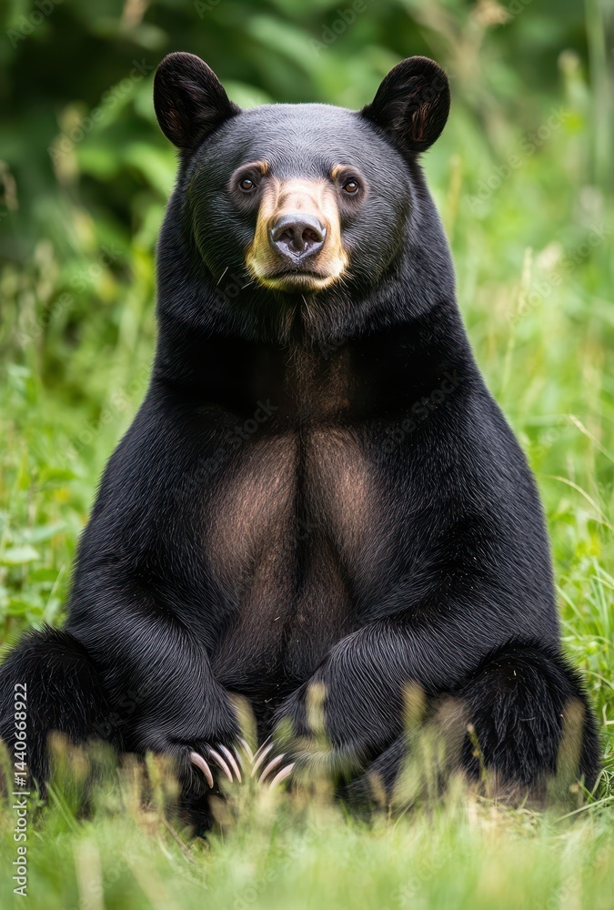 Majestic black bear sitting calmly in lush green grass, showcasing its powerful physique and attentive expression in a natural habitat environment. Majestic black bear sitting calmly in lush green grass, showcasing its powerful physique and attentive expression in a natural habitat environment.