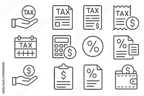 Tax-related items including forms, calculations, and financial symbols displayed in a grid layout for educational purposes