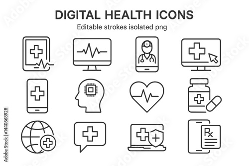 Collection of digital health icons showcasing technology in healthcare and medical services