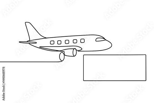 Airplane taking off with a blank banner over a simple illustration background during daylight